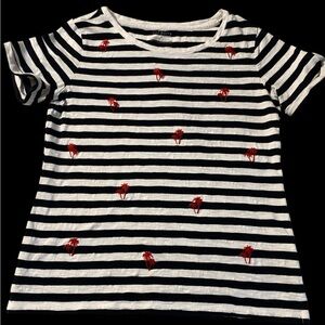 Talbots T Shirt Women's Size Small Black White Stripe Embroidery Palm Tree